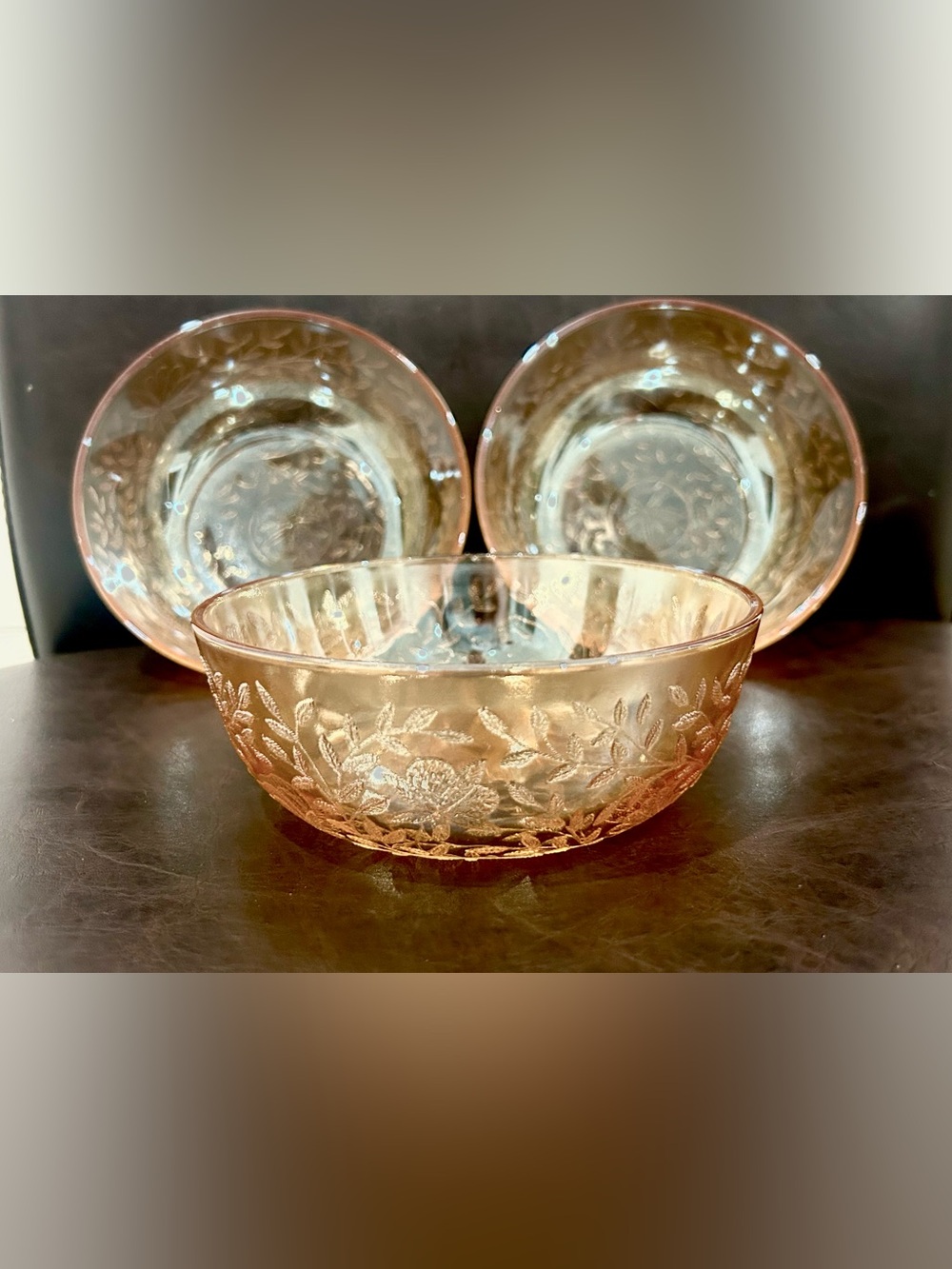 Jeanette Glass Floragold Louisa iridescent marigold peach carnival glass bowls